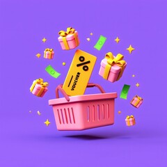 Voucher and Gifts in a Colorful Basket, Digital Art, Playful Environment