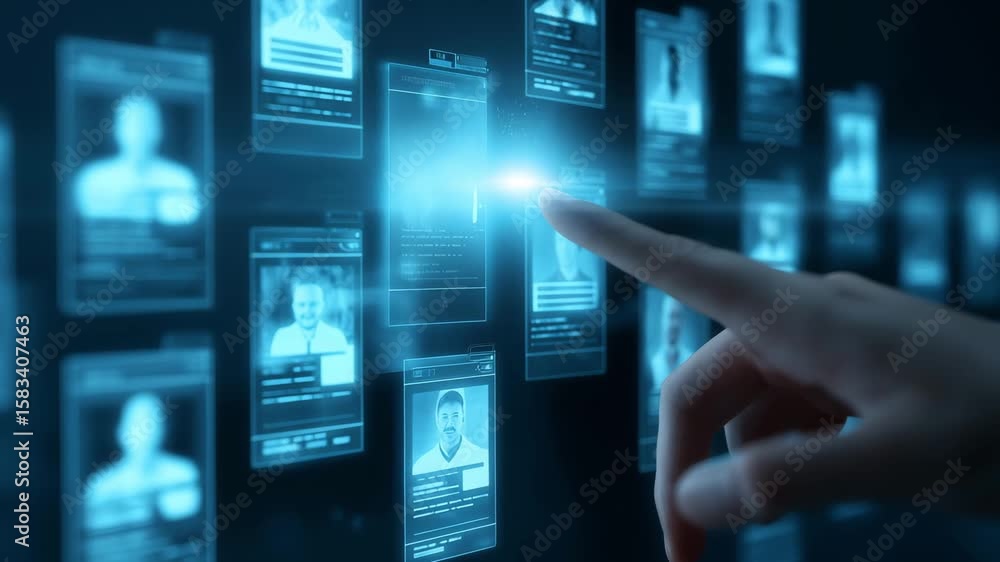 Poster a hand interacts with holographic displays showcasing profiles and data in a futuristic digital iden