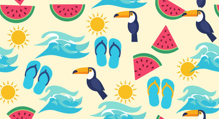 Summer themed pattern with toucans watermelons waves suns and flipflops.