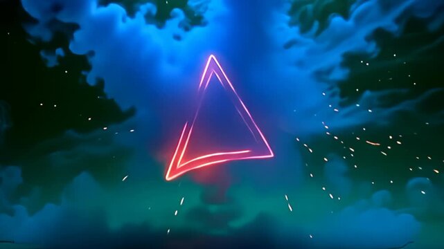 In a rapid, chaotic dance, a floating noise hazy abstract triangle made of neon smoke bursts forth in an explosion of color and light, spiraling outward against a crisp green screen,
