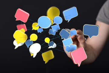 Abstract image of interconnected speech bubbles, symbolizing global communication and networking.