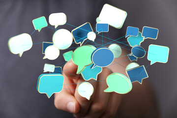 Abstract image of interconnected speech bubbles, symbolizing global communication and networking.