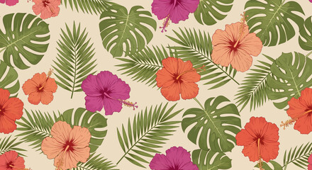 Tropical pattern with hibiscus flowers monstera and palm leaves in vibrant colors.