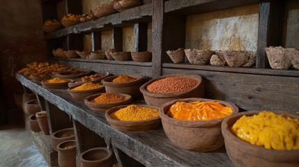 Fototapeta premium Colorful Spices in Traditional Pots on Wooden Shelves in Market