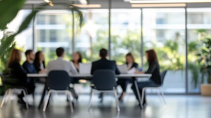A group of business professionals engages in a collaborative brainstorming session around a large table in a contemporary office with green plants and windows