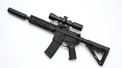 Tactical AR-15 Style Assault Rifle with Scope and Suppressor on White Background