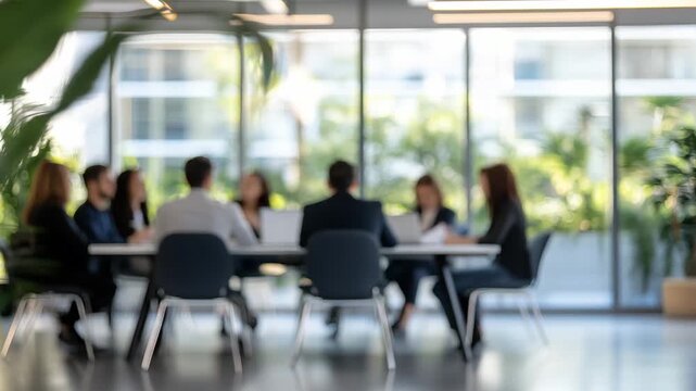 A group of business professionals engages in a collaborative brainstorming session around a large table in a contemporary office with green plants and windows