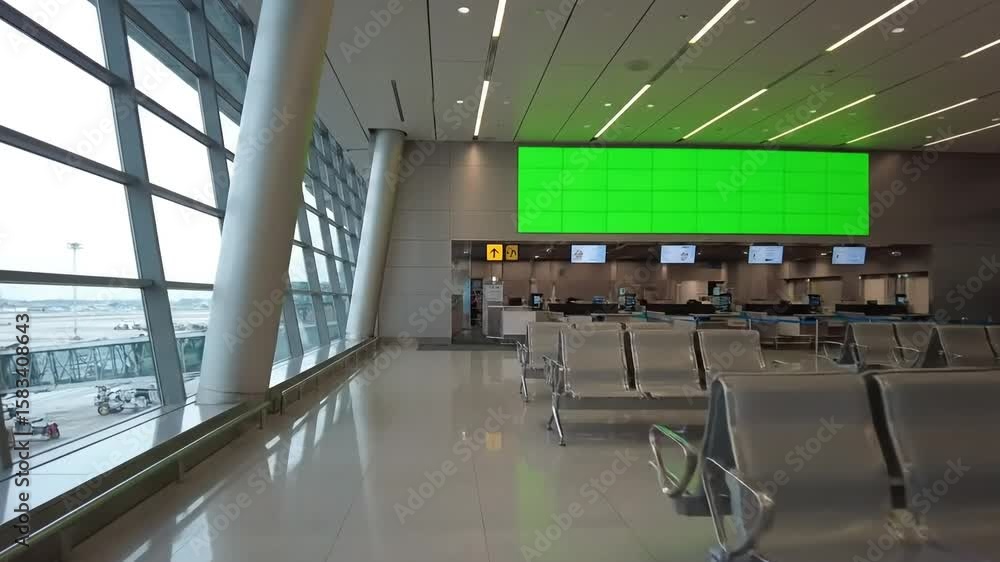 Poster modern airport waiting area with a green screen display for custom visual effects and branding