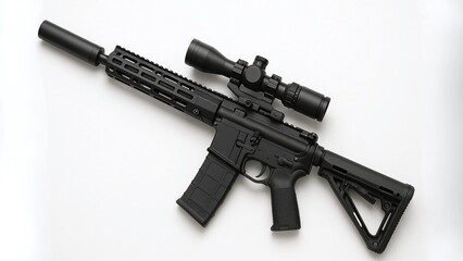 Tactical AR-15 Style Assault Rifle with Scope and Suppressor on White Background