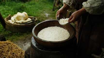 Woman preparing cheese in a wooden bowl