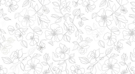 Obraz premium Delicate floral pattern with outlined blossoms and leaves in a seamless design.