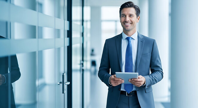 Smiling Businessman in Blue Suit Holding Tablet Walking in Office Corridor