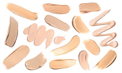Skin foundation in different shades on white background, set. Palette of cosmetic product