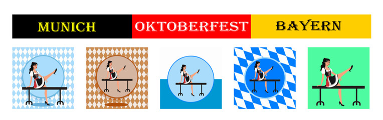 From the Oktoberfest series, set of  girl in a dirndl sits on a table in a playful pose against a backdrop of various Bavarian patterns and backgrounds.