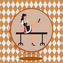 From the series "oktoberfest", girl in a dirndl sits on a table in a playful poseon a traditional Bavarian pattern of brown diamonds