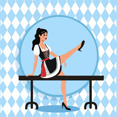 From the series "oktoberfest", girl in a dirndl sits on a table in a playful poseon a traditional Bavarian pattern of blue and white diamonds