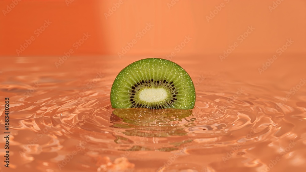 Poster an artfully sliced kiwi floating in water with a bright orange setting. minimalistic flat lay style.