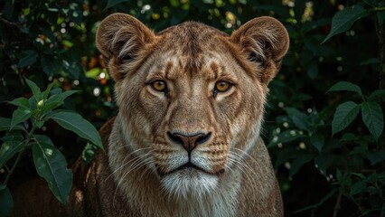 Naklejka premium Full-frontal portrait of a magnificent lioness set against vibrant green leaves, a powerful predator.