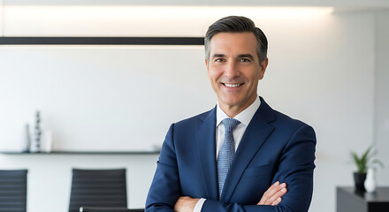 Fototapeta premium Smiling Businessman Portrait: Confident Executive Standing in Modern Corporate Office