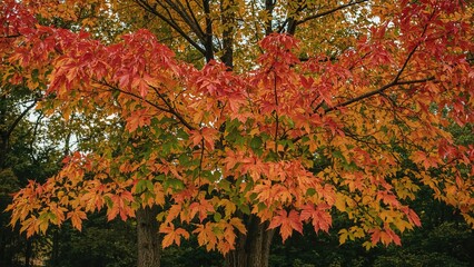 In autumn, a deciduous tree with sharp, hand-like lobed leaves typically found in gardens displays a stunning array of red, orange, and golden foliage.
