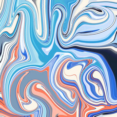 Expressive abstract swirl design with cool blue, coral, and white tones. Fluid movement creates a striking, modern aesthetic ideal for art or design projects.