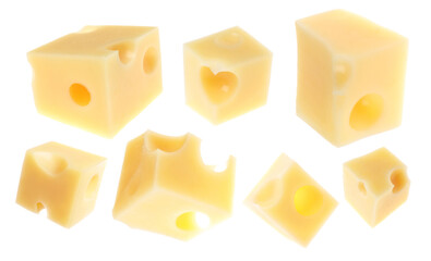 Cubes of fresh cheese on white background, collage