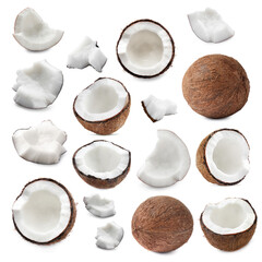 Collage of fresh coconuts isolated on white