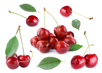 Ripe red cherries and green leaves on white background, collage