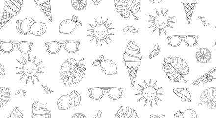 Summer themed seamless pattern with outlined lemons suns ice cream leaves and sunglasses.