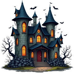 Obraz premium Halloween Haunted Castle Clipart | Spooky Abandoned Castle PNG | Gothic Halloween Illustration
