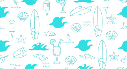 Turquoise Summer Icons Surfboards Cocktails Seashells and Waves Seamless Pattern.