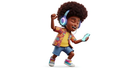 Cartoon realistic Afro-Brazilian teen boy dancing with headphones on, holding a glowing phone, wearing festive clothes, joyful and detailed, white background

