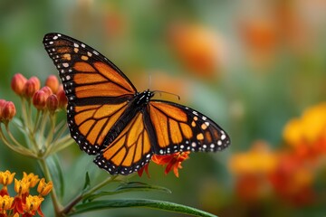 Fototapeta premium Monarch butterfly rests on vibrant flowers with a backdrop of blurred colors and greenery
