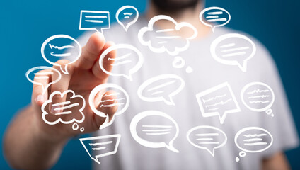 Abstract image of a person interacting with digital speech bubbles, representing communication and...