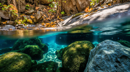 Clear stream flowing over smooth river rocks, close-up nature photography with split-level perspective showing both underwater elements and surface.