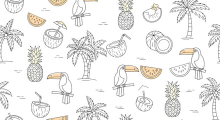 Tropical Outlined Pattern with Toucans Coconuts Pineapples and Palm Trees.