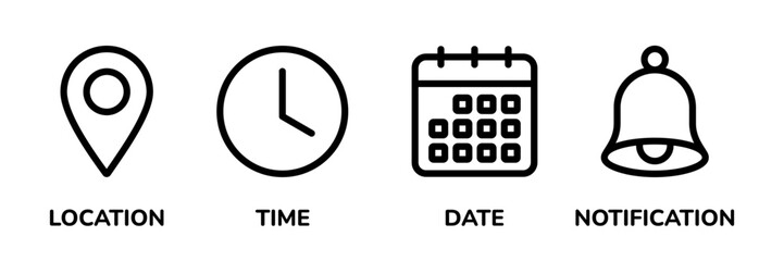 Date, Time, Address, and Notification icon set. Calendar, address, location pointer, and alarm bell icons. Notice alert, Notification, schedule, time clock icons.