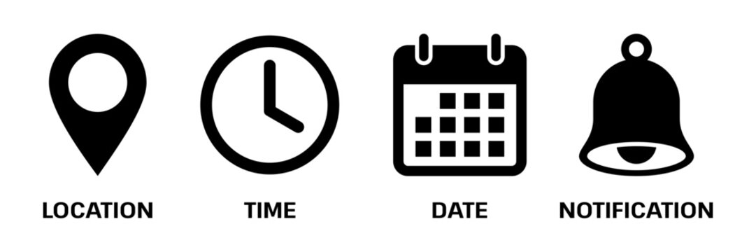 Date, Time, Address, and Notification icon set. Calendar, address, location pointer, and alarm bell icons. Notice alert, Notification, schedule, time clock icons. Vector illustration