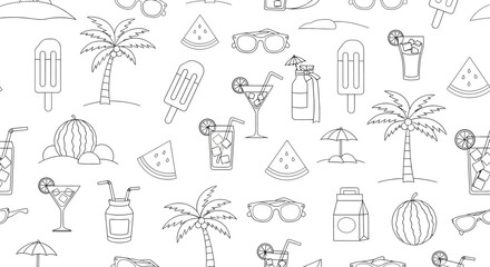Summer themed line art pattern with palm trees drinks ice cream and sunglasses.