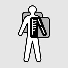 Body scan with xray machine icon. Standing man silhouette behind the x-ray screen with visible bones inside. X ray procedure simple line symbol. Editable stroke.