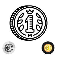 Coin icon with one unit denomination, decoration branches with leaves and crown at top. Perspective view metal piece of money line style symbol. Medal with Laurel wreath icon on white background. Edit