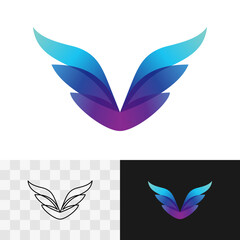 Colorful gradient elegant wings emblem. Letter V creative bright colors logo. Stylized modern chevron design