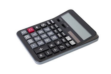 Modern black calculator for business, finance, and accounting tasks. An essential office tool for calculation, budgeting, and math, isolated on white background with clipping path.