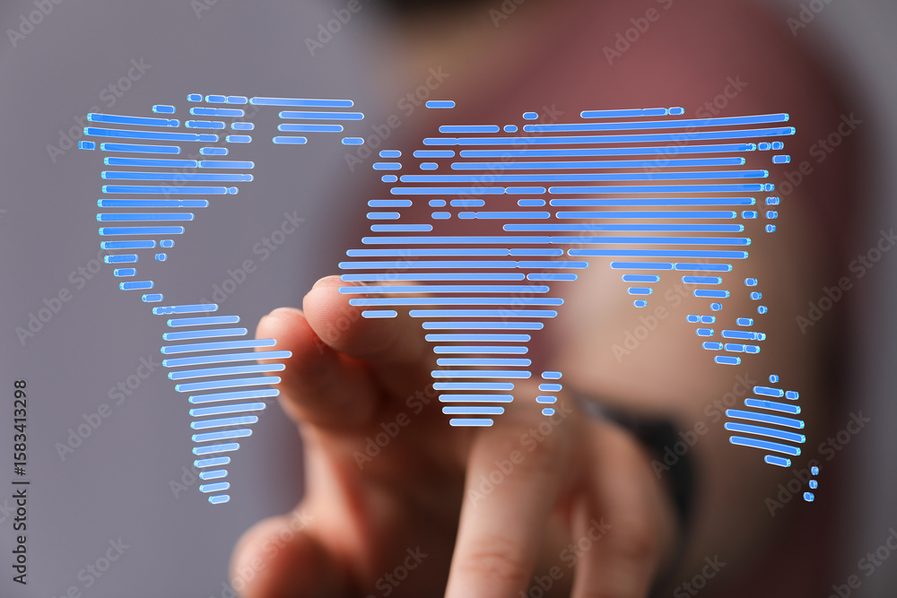 Poster hand interacting with a digital world map, representing global connectivity and networking.