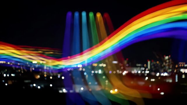 Rainbow Light Trails Over Cityscape at Night for Pride and Equality Celebration