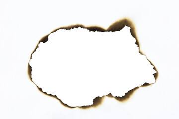 Large burnt hole in a sheet of white paper, creating a grunge frame. Realistic fire damage texture...
