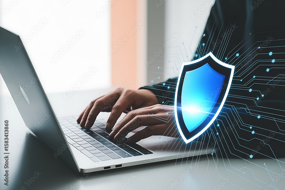 Poster person using silver laptop computer keyboard with glowing blue digital shield security symbol overla