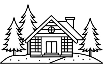 Mountain Lodge Winter Outline Illustration