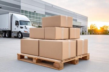 Stacked Boxes and Truck at Distribution Center