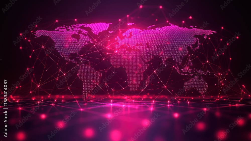 Poster pink world map connected by networks and light points